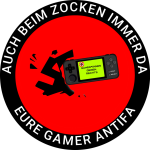 Logo "Gamer*innen gegen Rechts" mit rotem Hintergrund, abgerundet, mit "Antifa"-Rahmen