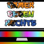 Logo "Gamer gegen Rechts", Schriftzug in Pride-Farben auf einem RGB-Laptop