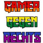 Logo "Gamer gegen Rechts", in Regenbogenfarben, zwischen zwei schwarzen Joy-Cons