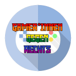 Logo "Gamer*innen gegen Rechts" in Regenborgenfarben auf einem Controller, mit blauem Hintergrund