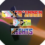 Logo "Gamer*innen gegen Rechts" in Pride-Farben auf einem Schwert